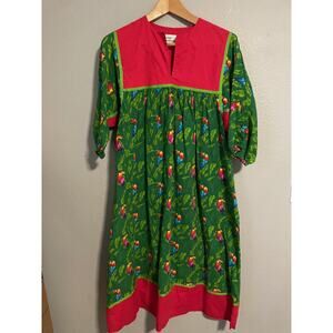 Vintage Krist Gudnason Dress Womens Large Green Red Tropical Bird Caftan 80s